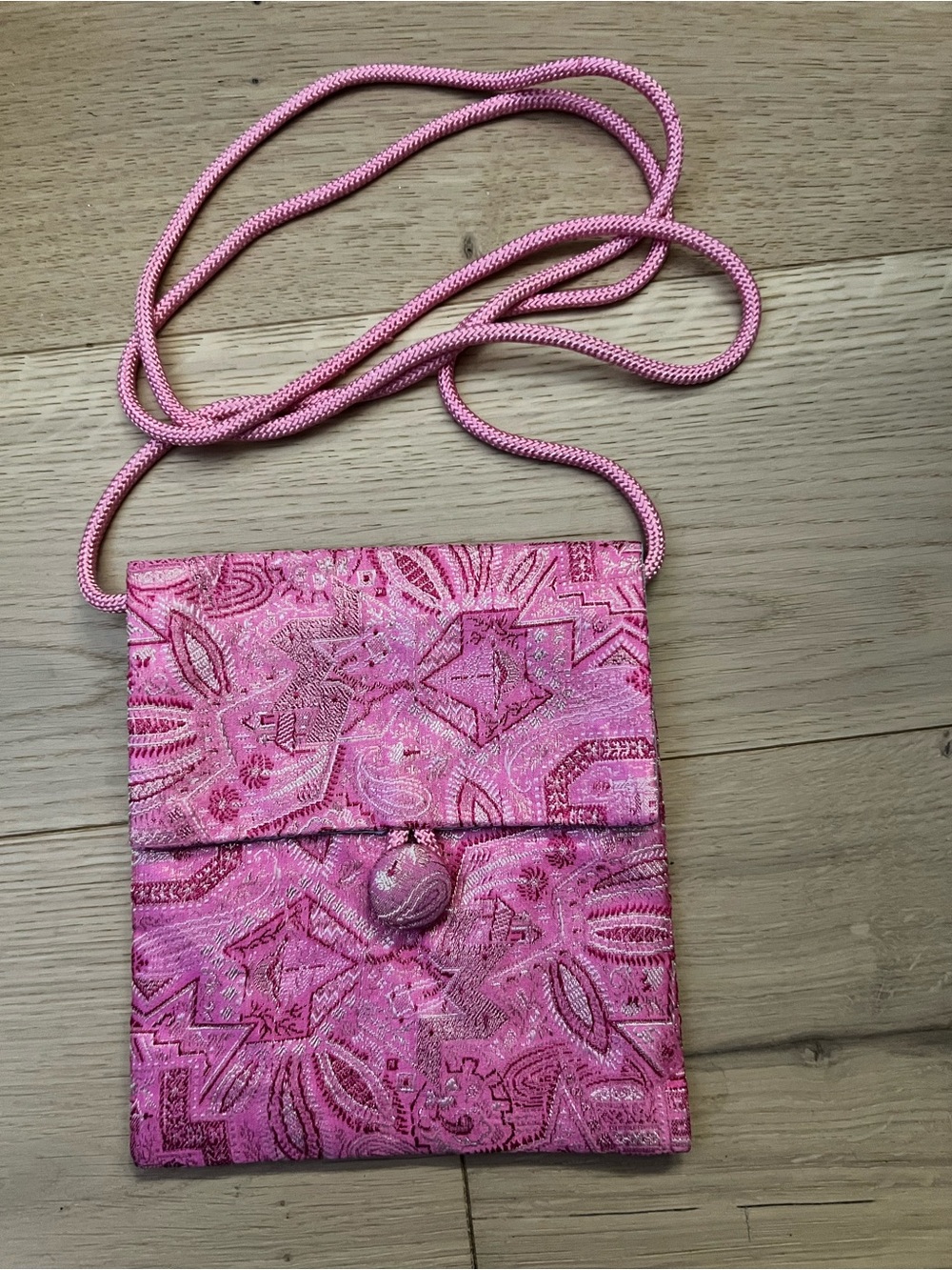Pink Sari Crossbody Bag with Rope Strap